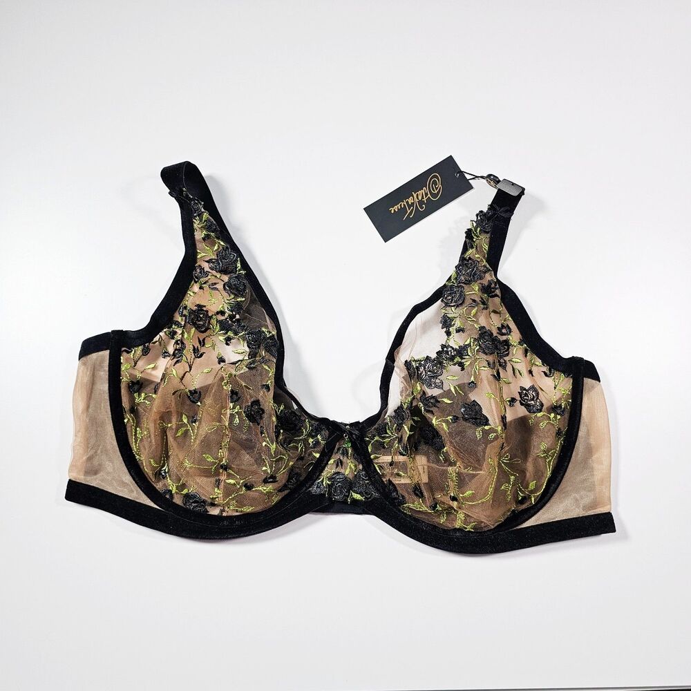 Dita Von Teese Rosewyn Black Green Floral Sheer Full Figure Bra 42DD/E NWT